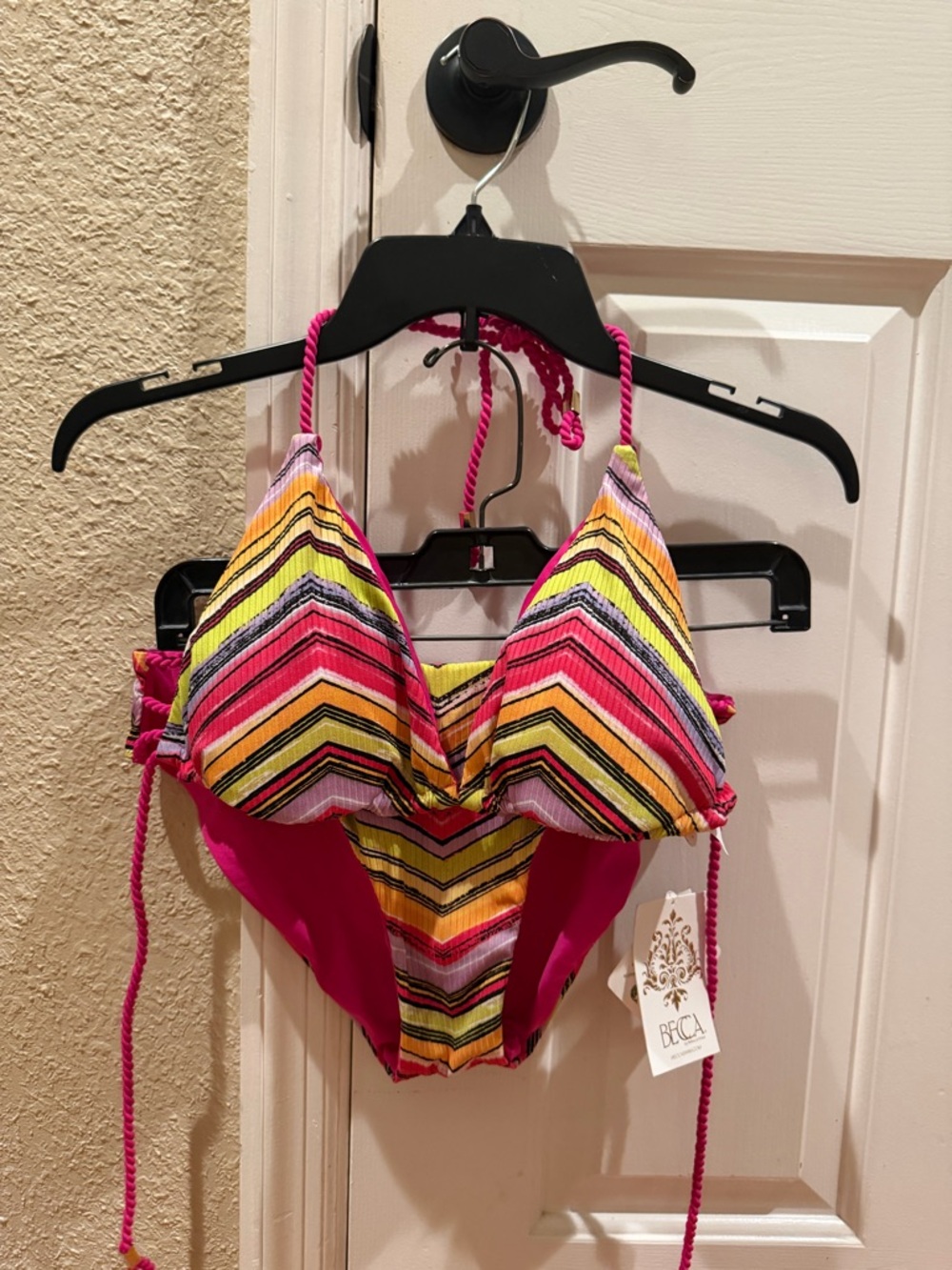 NWT BECCA Bikini Reversible bright Stripes to solid bright pink; top w/pads